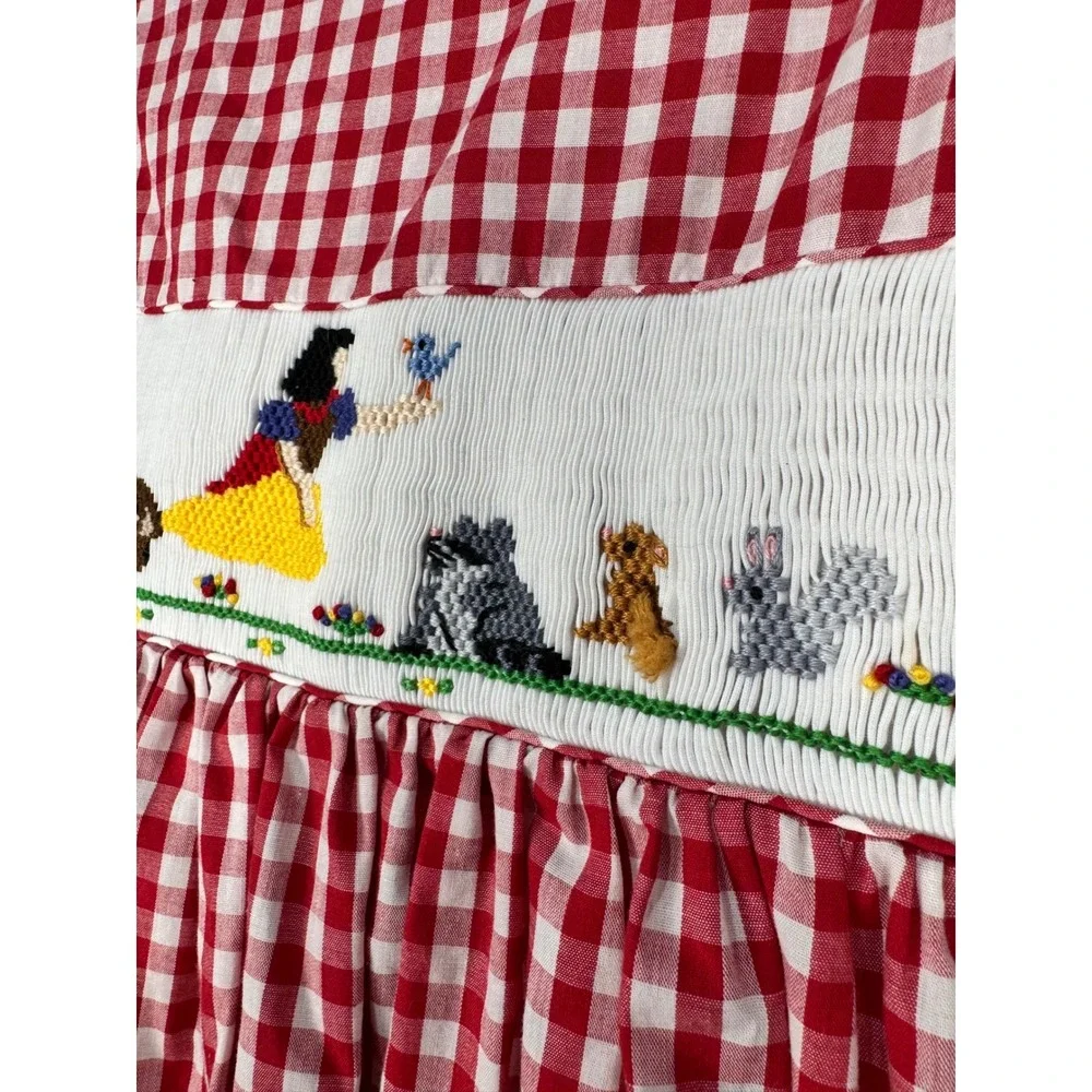 Girls Red Gingham Smocked Snow White Princess Dress Size 6Y Forest Animals 6‎